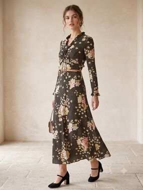 Black Floral Maxi dress with Pink & Cream Blooms vintage pattern boho bohemian s